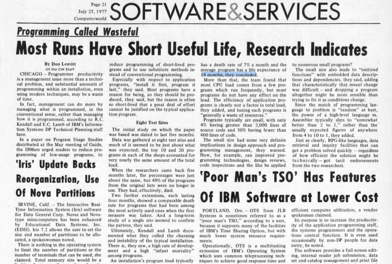 Don Leavitt, Most Runs Have Short Useful Life, Research Indicates, Computerworld 1977.